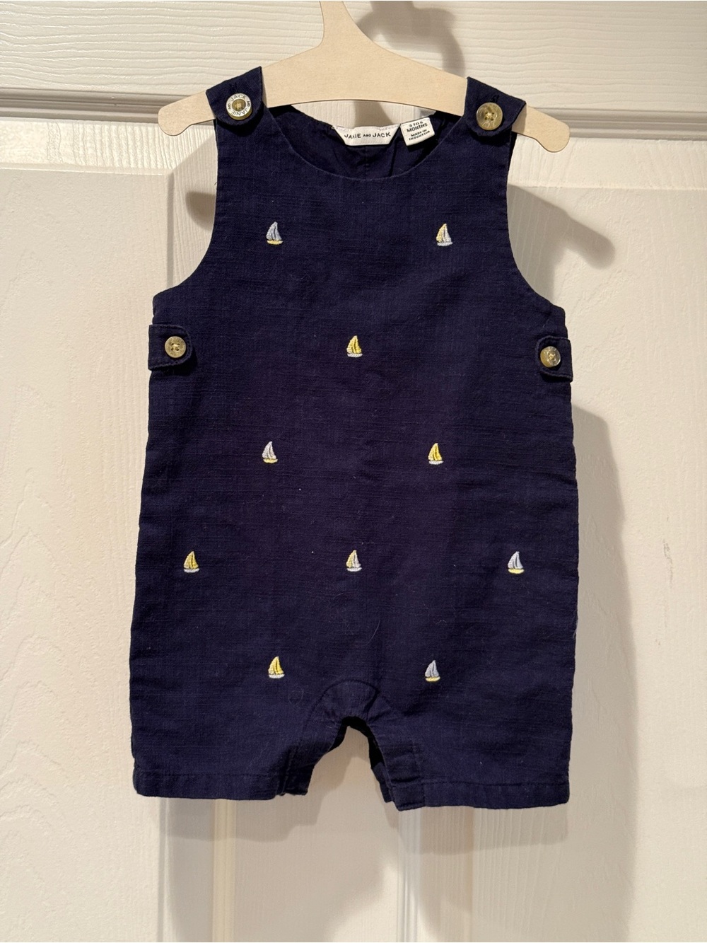 Janie and Jack Navy Blue Cotton Embroidered Sailboats Romper One-Piece 3-6M